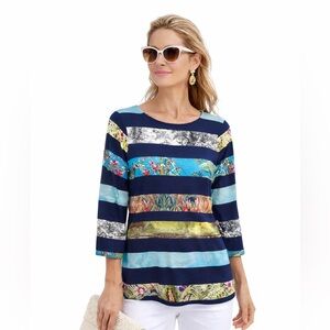 Peck & Peck Navy and White Tropical Print Top
